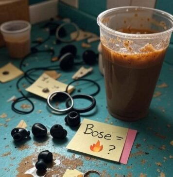 Latest Bose Wireless Earbuds: Is It Worth Buying? Messy kitchen counter with Bose earbuds, coffee spill