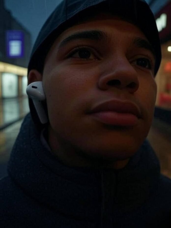 Rainy urban chaos with AirPods 4, vintage vibe