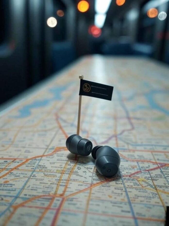 Sony WF-1000XM5 on coffee-stained NYC map, flag-waving