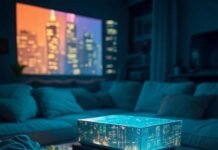 Top 7 Audio-Video Gadgets That Will Transform Your Home Entertainment in 2025 Holographic projector, neon cityscape, cluttered living room