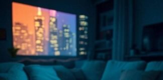 Top 7 Audio-Video Gadgets That Will Transform Your Home Entertainment in 2025 Holographic projector, neon cityscape, cluttered living room