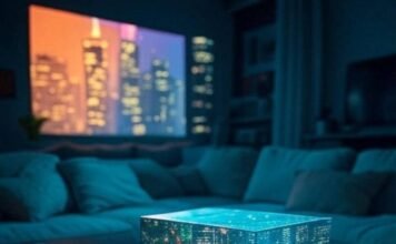 Top 7 Audio-Video Gadgets That Will Transform Your Home Entertainment in 2025 Holographic projector, neon cityscape, cluttered living room