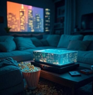 Top 7 Audio-Video Gadgets That Will Transform Your Home Entertainment in 2025 Holographic projector, neon cityscape, cluttered living room