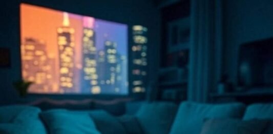 Top 7 Audio-Video Gadgets That Will Transform Your Home Entertainment in 2025 Holographic projector, neon cityscape, cluttered living room