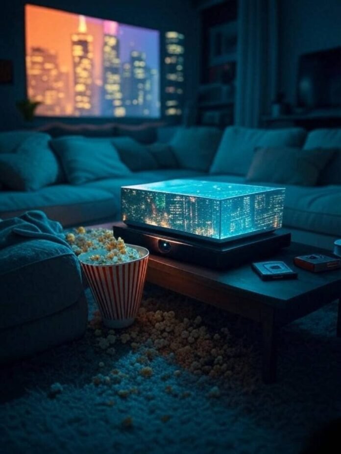 Holographic projector, neon cityscape, cluttered living room