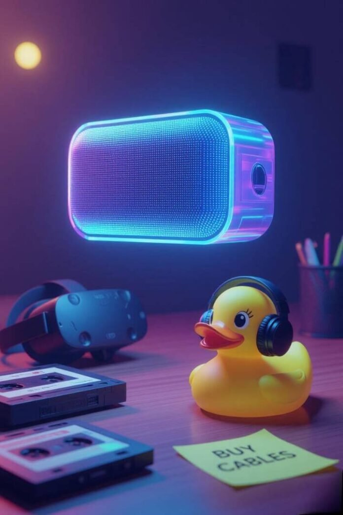 Glowing speaker, messy desk, duck with headphones