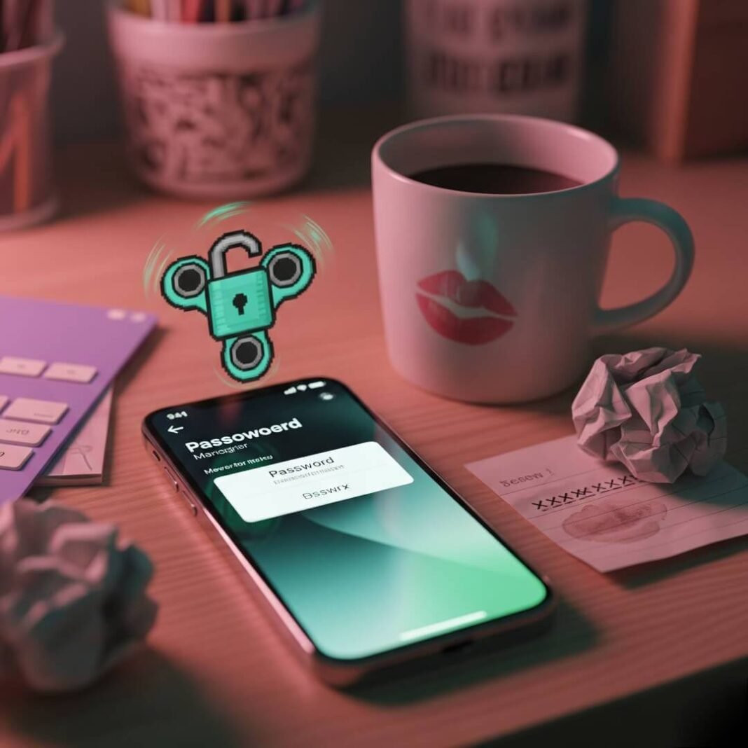 Chaotic desk, phone with password app, coffee, and padlock