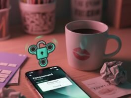 Best iPhone App for Password Management: My Hot Mess of a Journey Chaotic desk, phone with password app, coffee, and padlock
