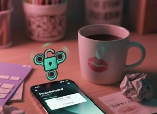 Best iPhone App for Password Management: My Hot Mess of a Journey Chaotic desk, phone with password app, coffee, and padlock