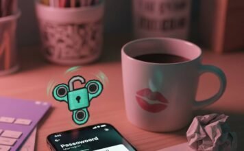 Best iPhone App for Password Management: My Hot Mess of a Journey Chaotic desk, phone with password app, coffee, and padlock