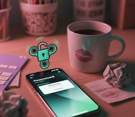 Best iPhone App for Password Management: My Hot Mess of a Journey Chaotic desk, phone with password app, coffee, and padlock