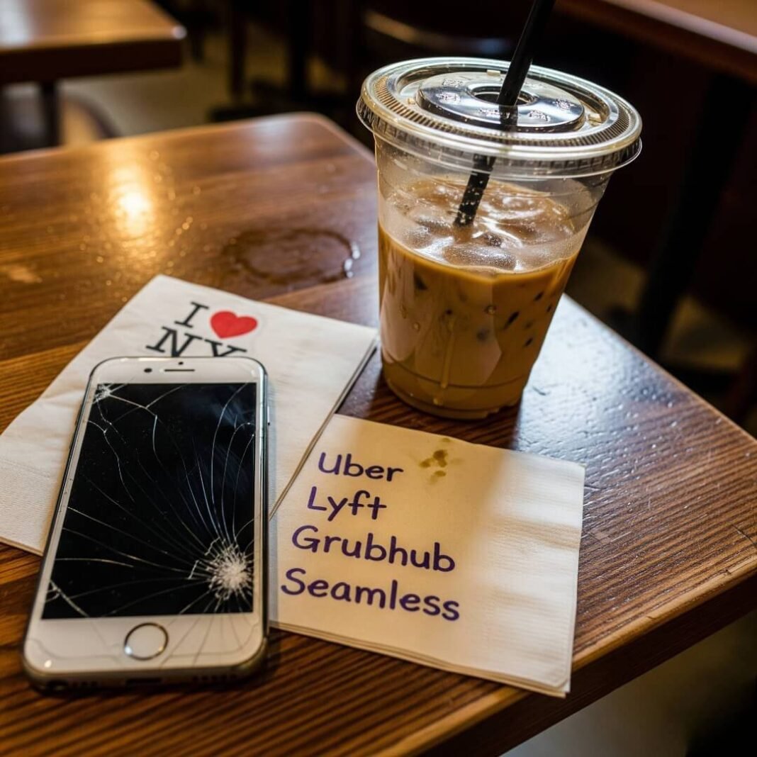 Scribbled app names next to cracked iPhone and iced coffee