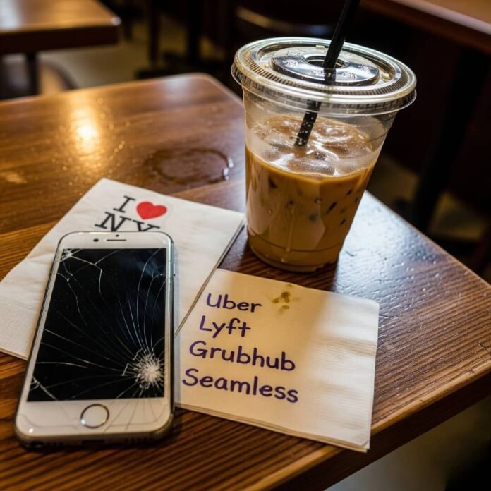 Scribbled app names next to cracked iPhone and iced coffee