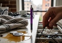 iPhone Gone? Quick Ways to Find It Now Messy counter with coffee, AirTag, and hand in drawer