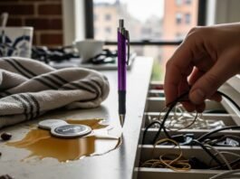 iPhone Gone? Quick Ways to Find It Now Messy counter with coffee, AirTag, and hand in drawer