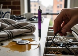 iPhone Gone? Quick Ways to Find It Now Messy counter with coffee, AirTag, and hand in drawer