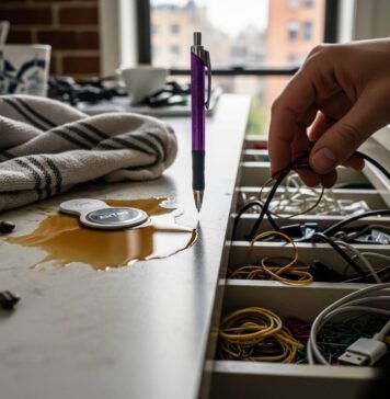 iPhone Gone? Quick Ways to Find It Now Messy counter with coffee, AirTag, and hand in drawer