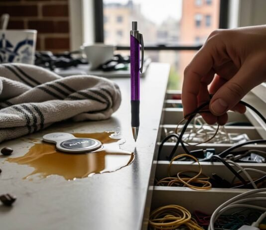 iPhone Gone? Quick Ways to Find It Now Messy counter with coffee, AirTag, and hand in drawer