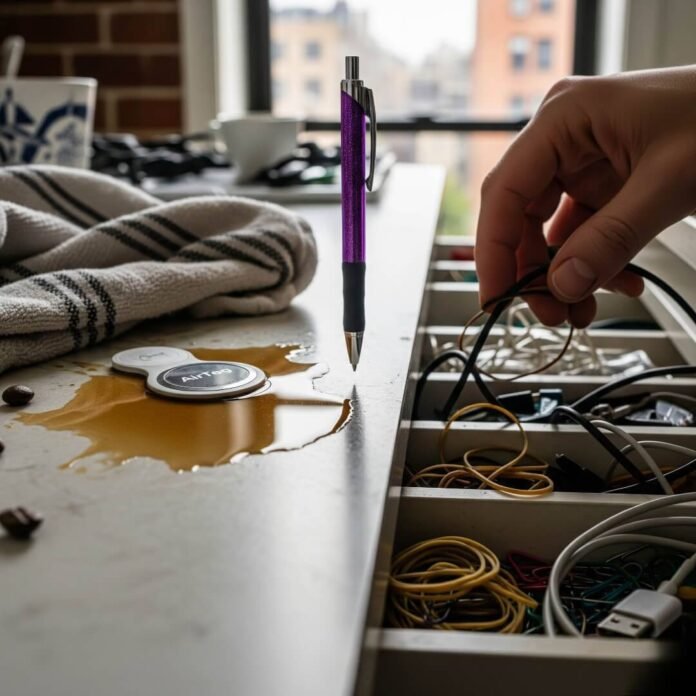Messy counter with coffee, AirTag, and hand in drawer