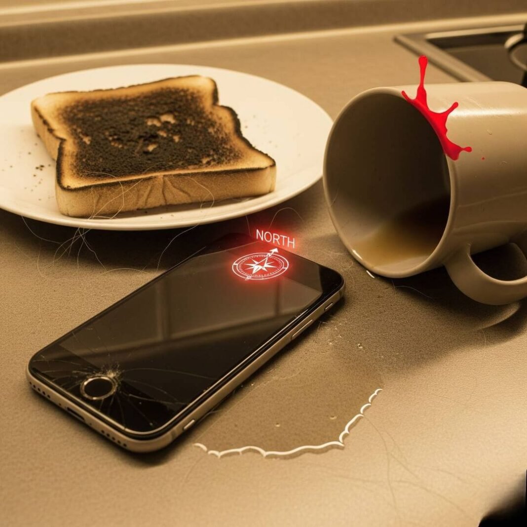 Kitchen chaos with dead iPhone and burnt toast