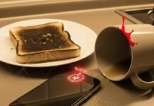 iPhone Battery Dead? How to Still Find It Kitchen chaos with dead iPhone and burnt toast