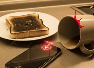 iPhone Battery Dead? How to Still Find It Kitchen chaos with dead iPhone and burnt toast