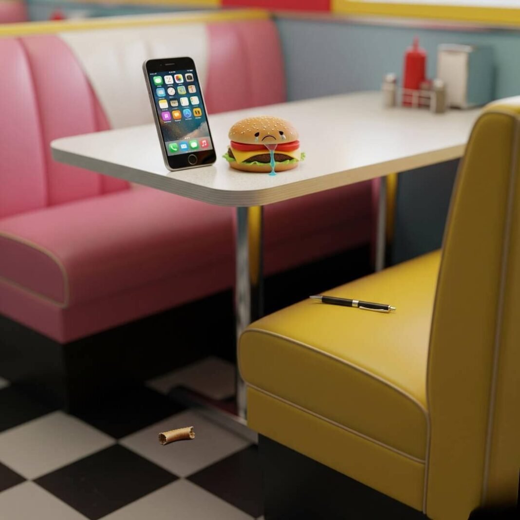 Diner booth, glowing phone, sad burger, chewed pen