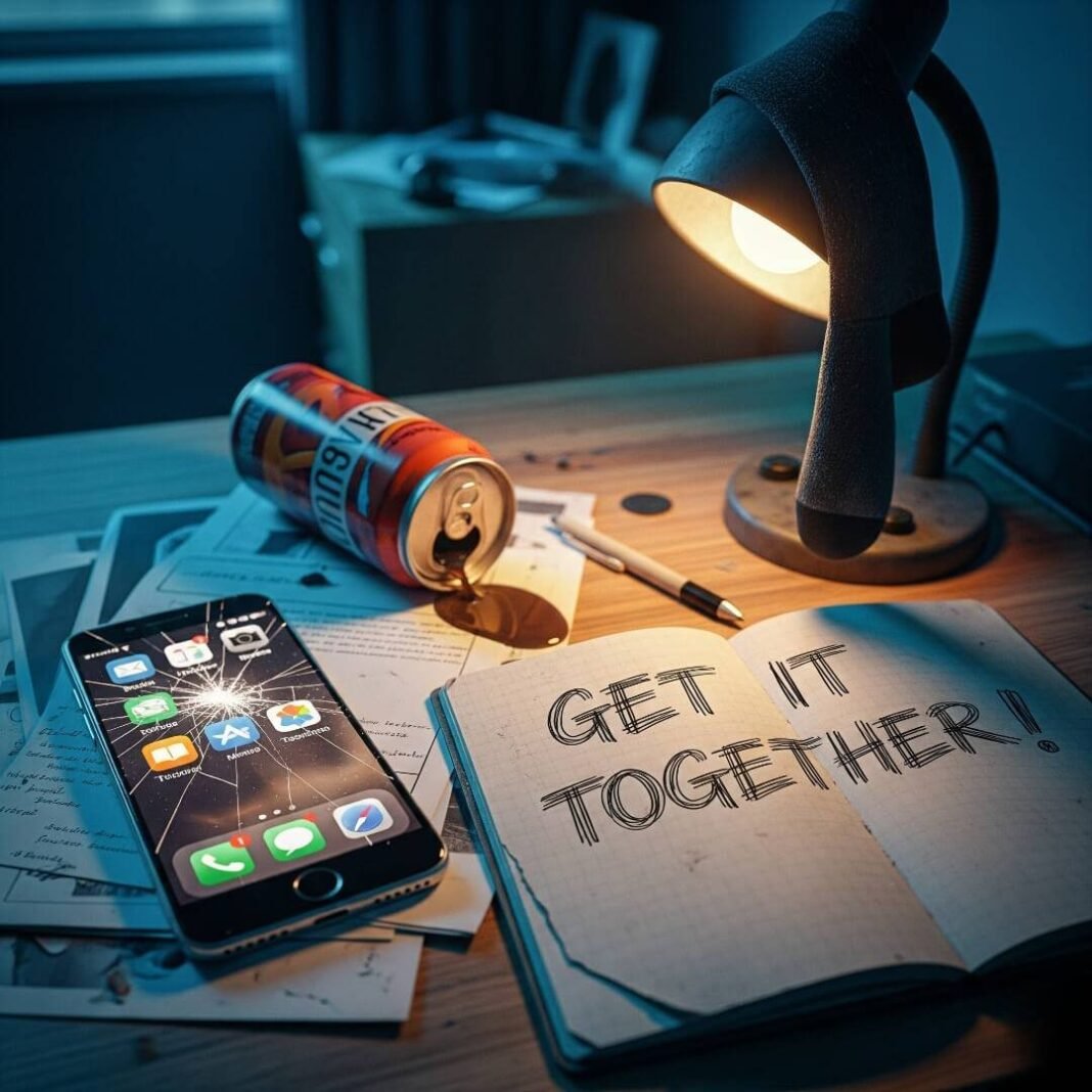 Disaster desk: cracked phone, energy drink, 