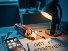 The Ultimate Guide to Free Apps That Boost Productivity and Save Time Disaster desk: cracked phone, energy drink, "GET IT TOGETHER" notebook