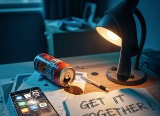 The Ultimate Guide to Free Apps That Boost Productivity and Save Time Disaster desk: cracked phone, energy drink, "GET IT TOGETHER" notebook