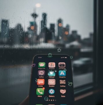 Hidden Gem Apps You Didn’t Know You Needed—Download Them Now! Phone screen with sparkling apps in a rainy Seattle coffee shop