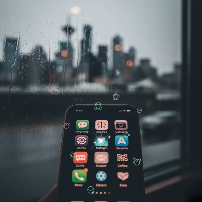 Phone screen with sparkling apps in a rainy Seattle coffee shop