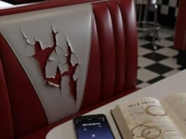 Best Apps for Mental Health and Wellness: Your Path to Calm in 2025 Diner booth, cracked seat, phone with mindfulness app, self-help book