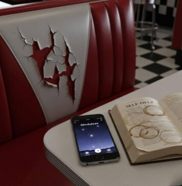 Best Apps for Mental Health and Wellness: Your Path to Calm in 2025 Diner booth, cracked seat, phone with mindfulness app, self-help book