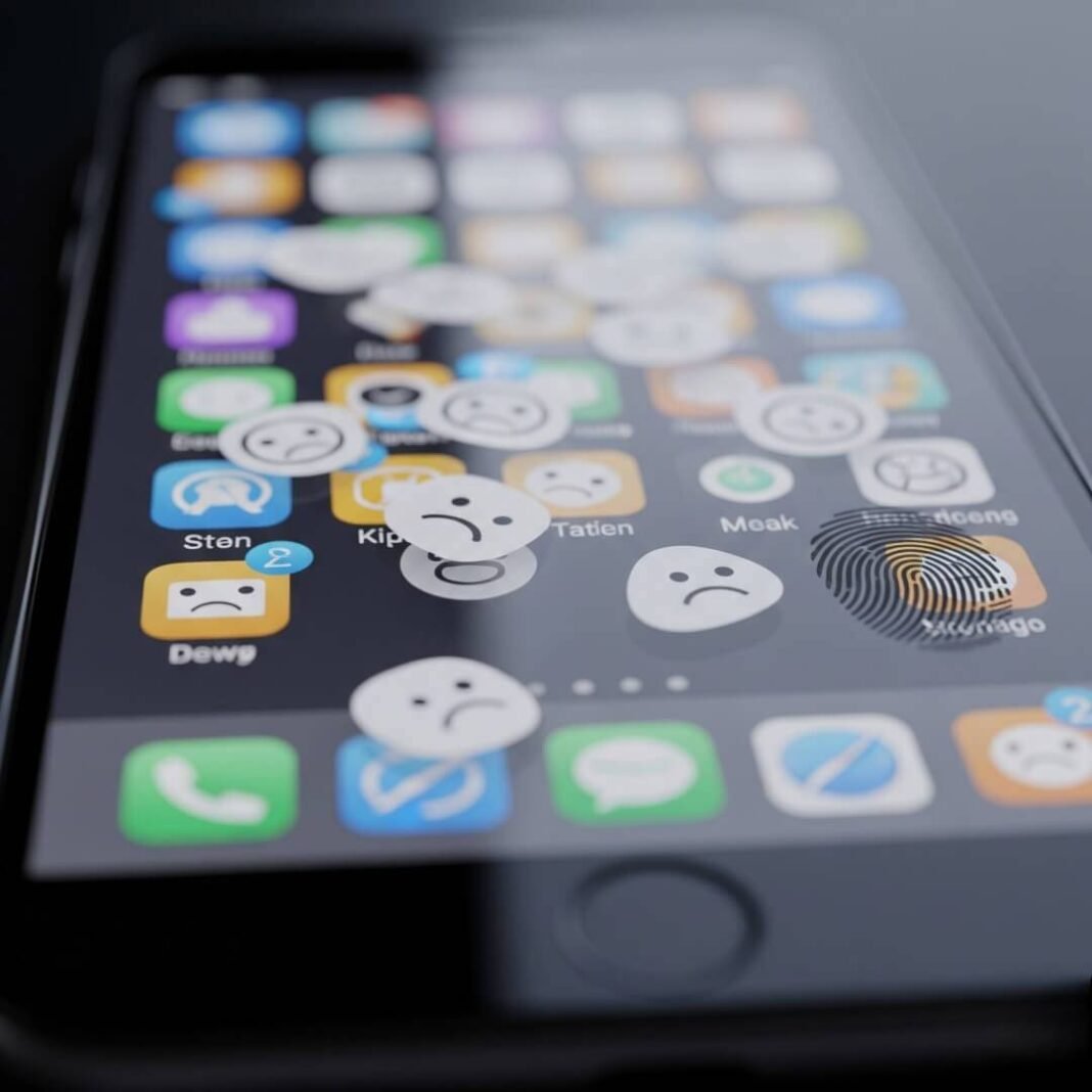 Smudged phone screen with frowny face app icons