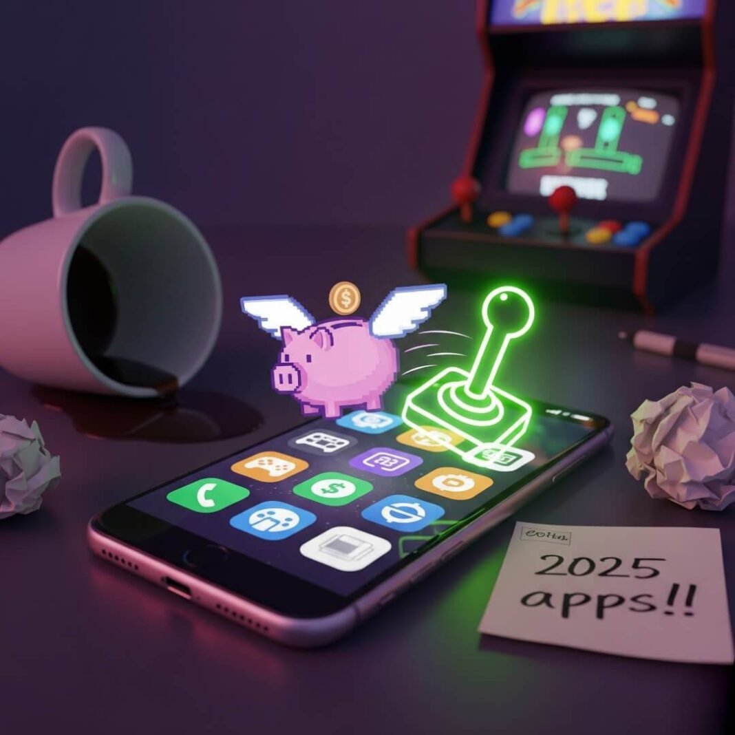 Gaming and finance apps glow on a messy desk