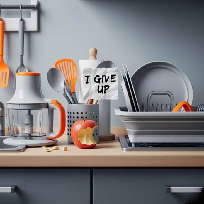 Chaotic Countertop: Funny Kitchen Mess with Apple & Dish Rack