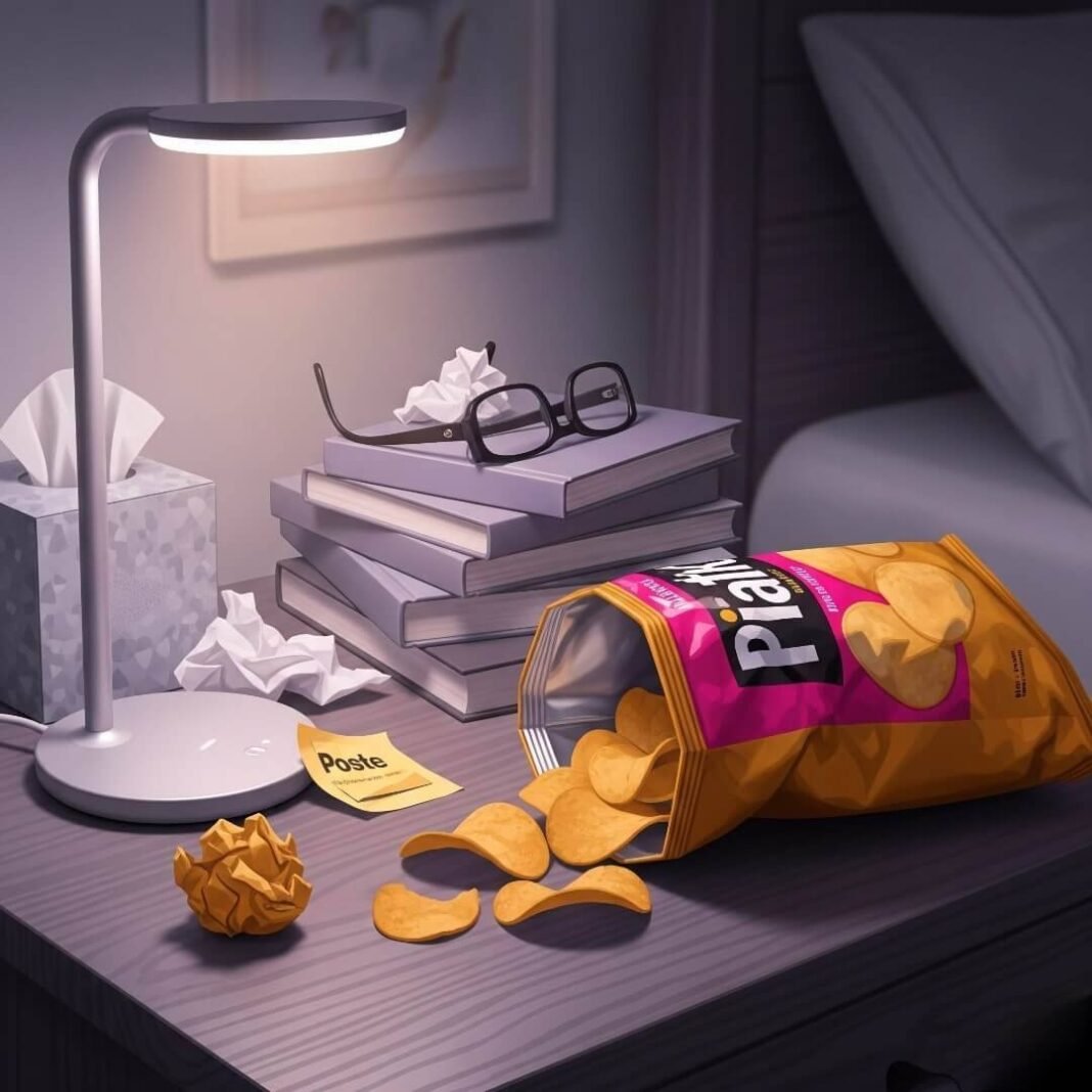 Messy Nightstand with Chips and Smart Lamp