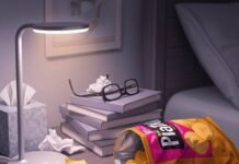 Satisfying Bedroom Gadgets Messy Nightstand with Chips and Smart Lamp