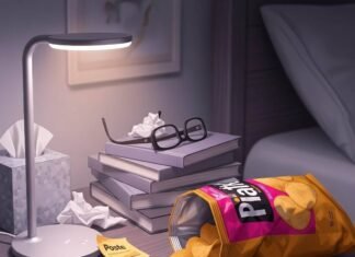 Satisfying Bedroom Gadgets Messy Nightstand with Chips and Smart Lamp