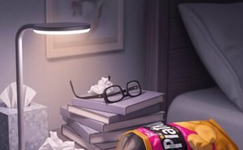 Satisfying Bedroom Gadgets Messy Nightstand with Chips and Smart Lamp