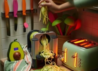 Top 15 Must-Have Kitchen Gadgets That Will Instantly Upgrade Your Cooking Game Chaotic Kitchen Counter: Zucchini Noodles & Retro Toaster Art