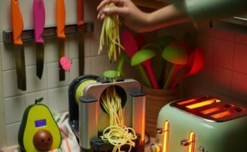 Top 15 Must-Have Kitchen Gadgets That Will Instantly Upgrade Your Cooking Game Chaotic Kitchen Counter: Zucchini Noodles & Retro Toaster Art