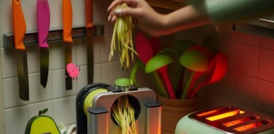 Top 15 Must-Have Kitchen Gadgets That Will Instantly Upgrade Your Cooking Game Chaotic Kitchen Counter: Zucchini Noodles & Retro Toaster Art