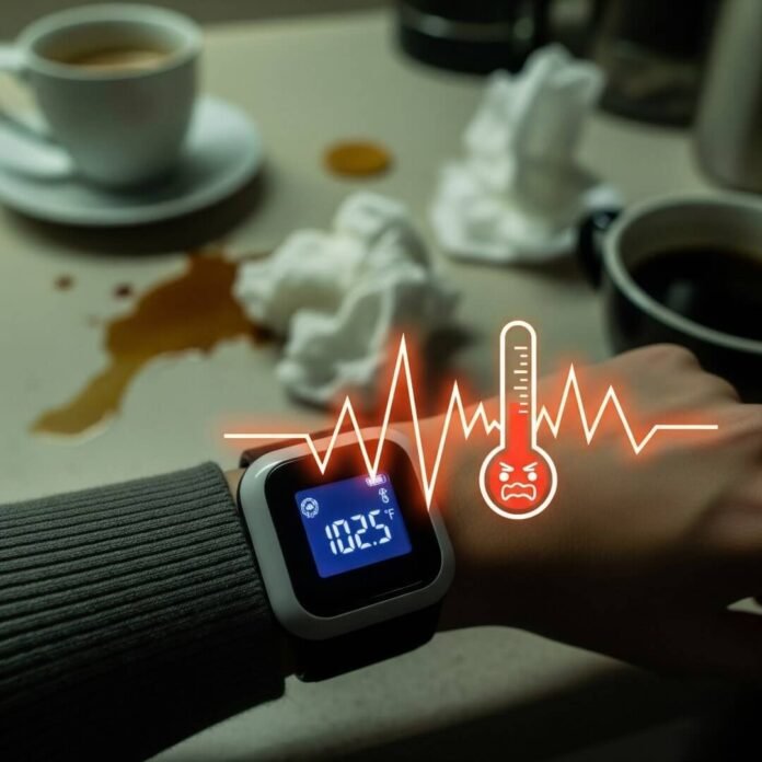 Sick Day Vibe: Feverish Thermometer and Messy Kitchen Counter