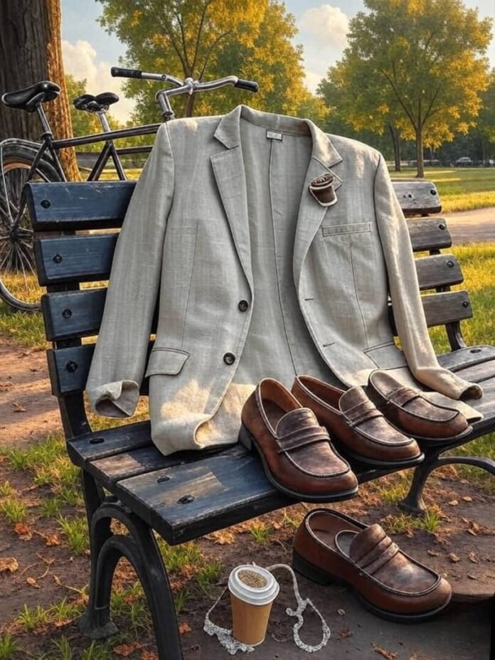 Crumpled blazer, scuffed loafers, coffee pin, wonky bike