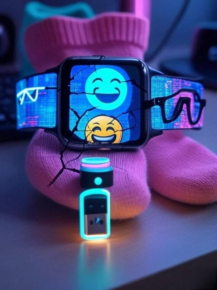 Cracked smartwatch, glitchy band, crooked AR glasses, quirky tech fail Cracked smartwatch, glitchy band, crooked AR glasses, quirky tech fail