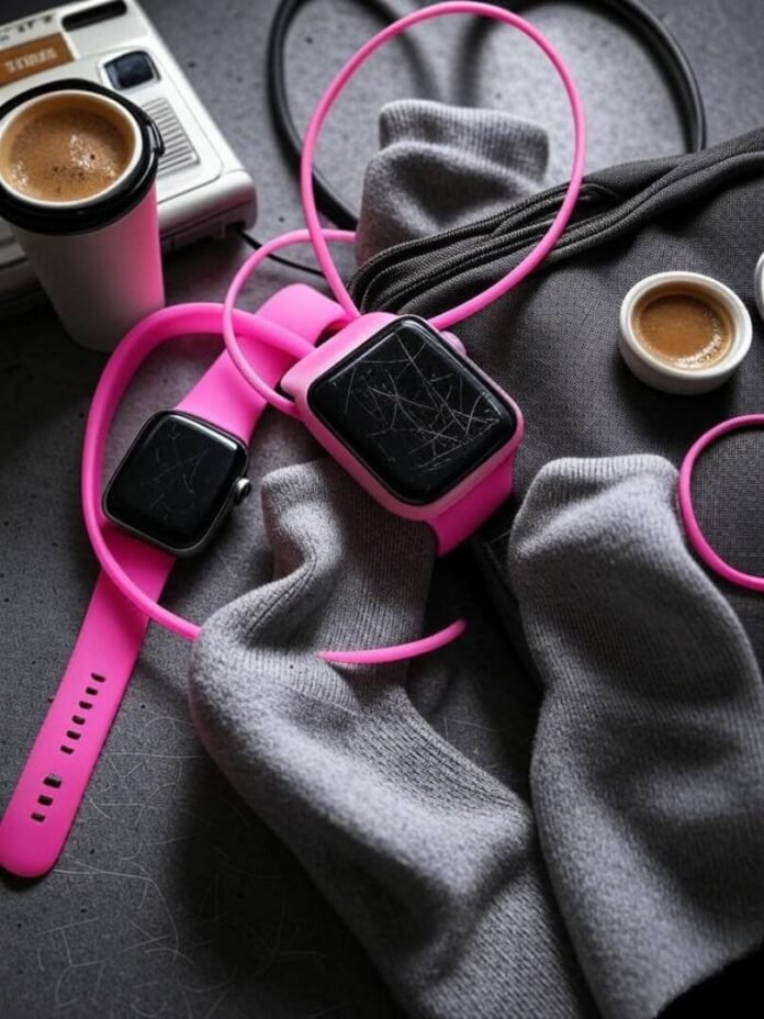 Scratched smartwatch, neon tracker, socks, Walkman, coffee-stained bag