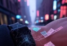 The Future Is Now: How Wearables Are Redefining Health Scratched smartwatch, holographic chart, rainy NYC, scattered tickets