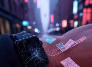 The Future Is Now: How Wearables Are Redefining Health Scratched smartwatch, holographic chart, rainy NYC, scattered tickets